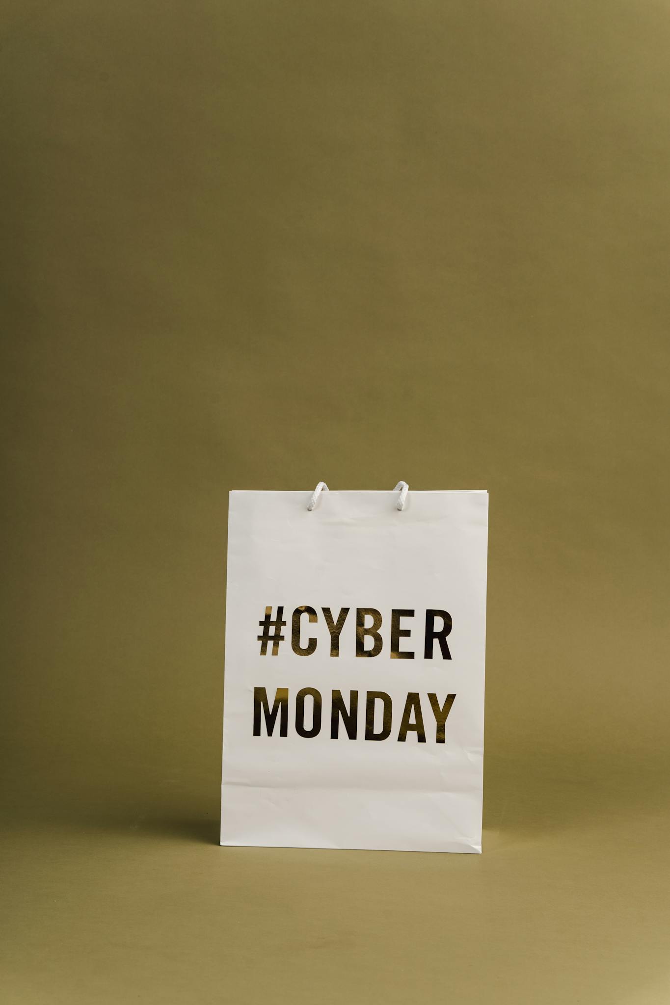 Minimalist image of a paper bag with Cyber Monday promotion text.